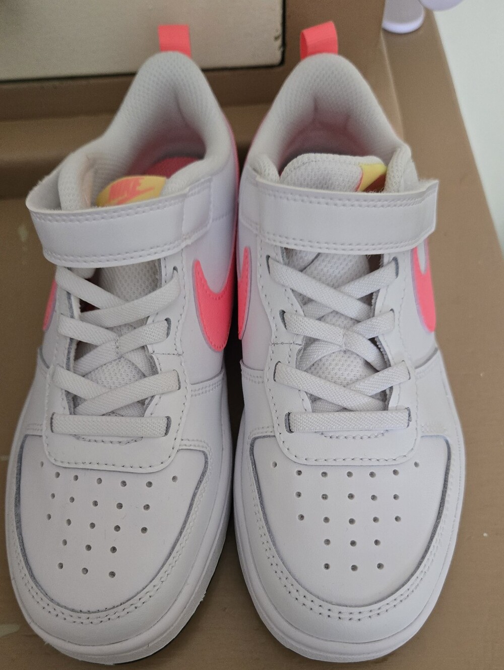 Nike Kids White Sneakers with Neon Pink Swoosh